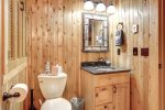 Eagle`s Lair bath with knotty pine walls.